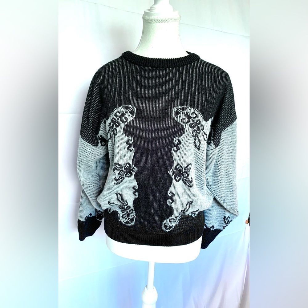 Vintage 1990s Sailor Coastal Black Grey Knit Sweater Women Medium